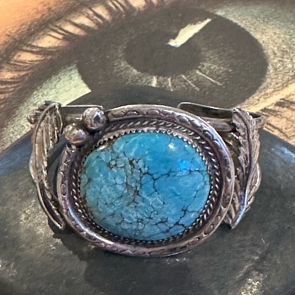 Rare Exceptional Vintage Old Pawn Dyer Blue Turquoise Sterling Silver Cuff - Picture 5 of 10